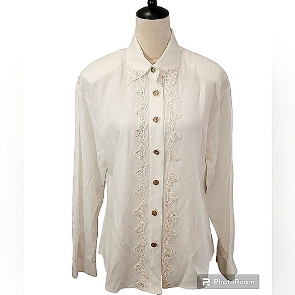 VINTAGE C&K Classics Cream Blouse With Lace Applique and Gold Buttons Size M